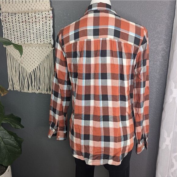 LOFT Women SZ XS Orange/Brown Checked Button Up Shirt Blouse -Lightweight-Casual - Picture 4 of 7